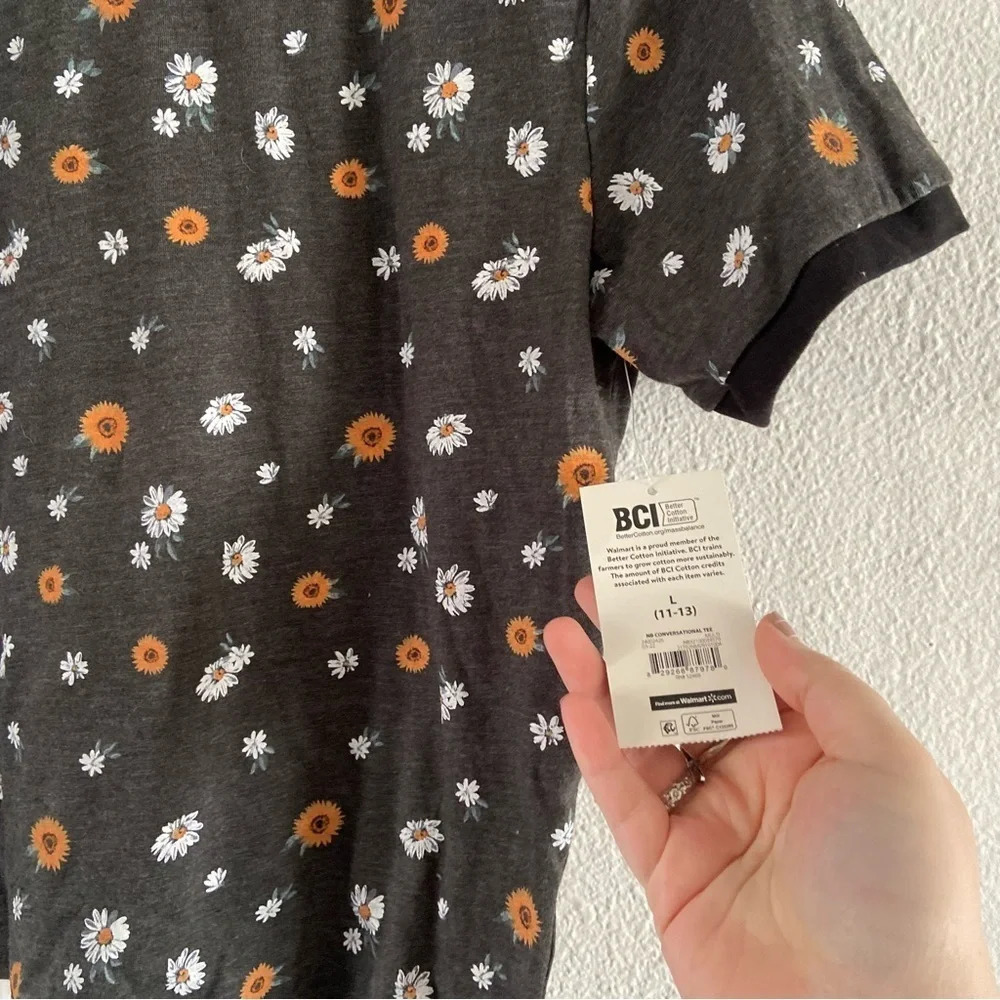 Floral Ringer Tee Charcoal Short Sleeve Girls Juniors Crop Large (11-13) NEW - Picture 11 of 16